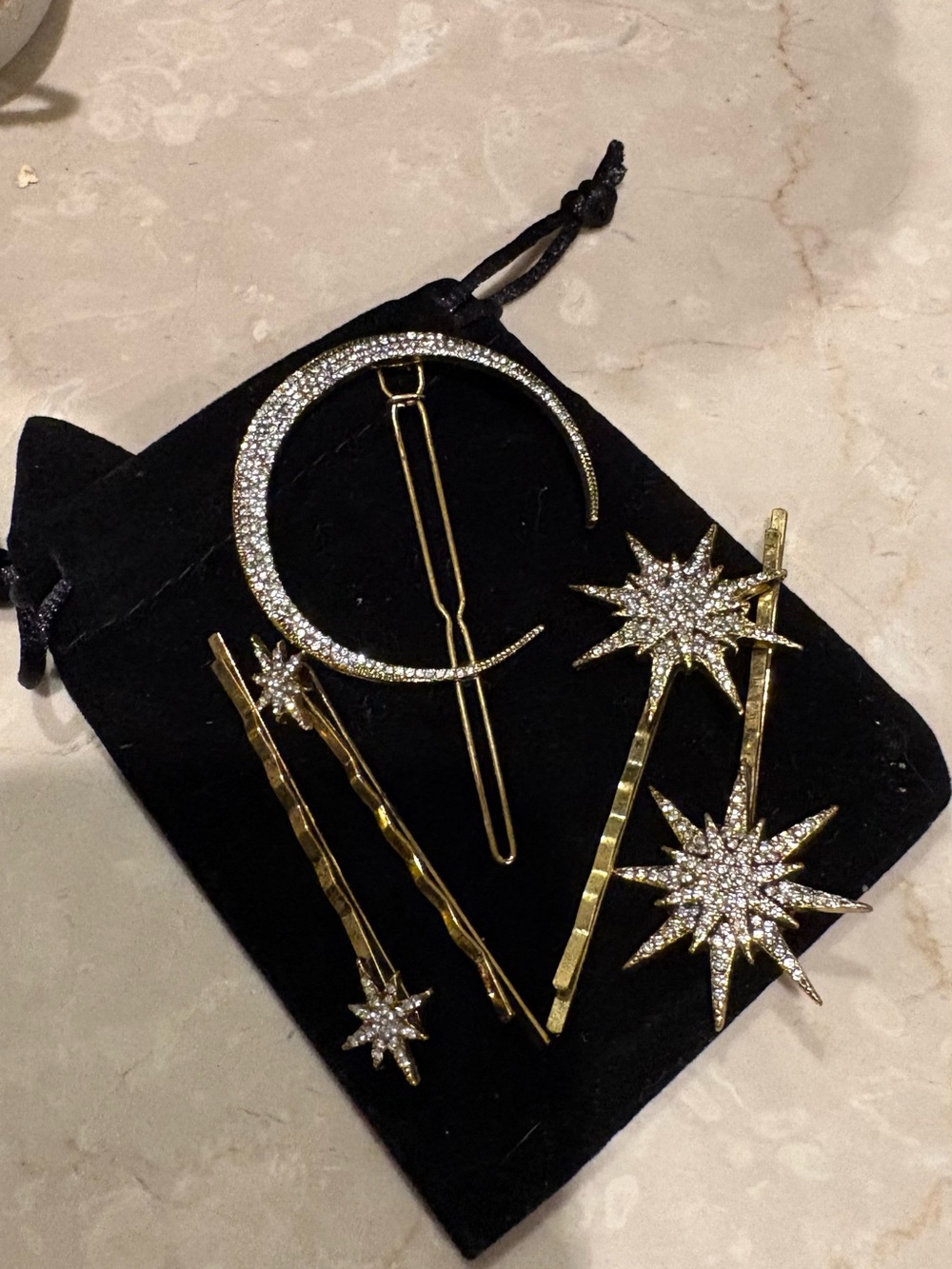 Anthropologie Celestial Gold Moon & Star Rhinestone Hair Pin Set (five pieces) - Picture 3 of 6